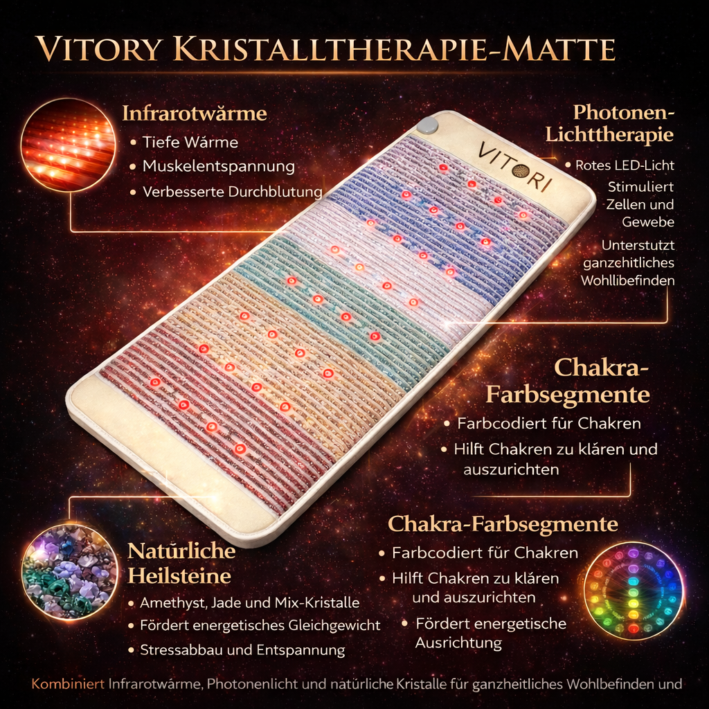VITORY Kristalltherapie-Matte mit Uebersicht zu Waerme, Licht und Heilsteinen